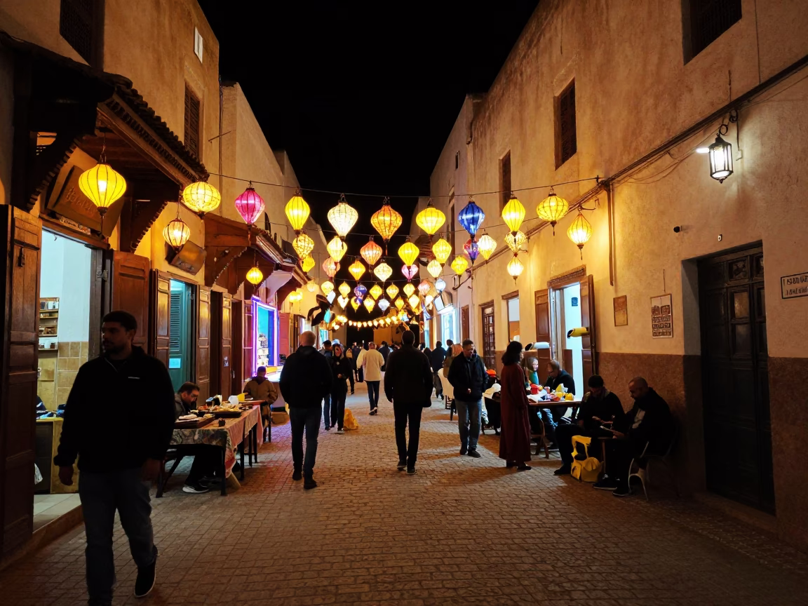 Late Night Essaouira Street Scene with Colorful Lanterns and Local Activity in in Essaouira, Morocco