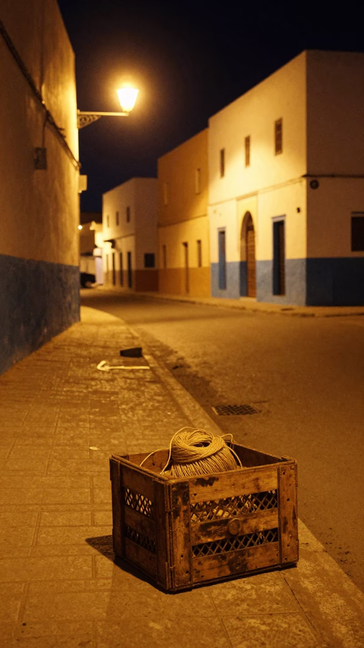Late Night Essaouira Street Scene with Crate and Twine Spool in in Essaouira, Morocco