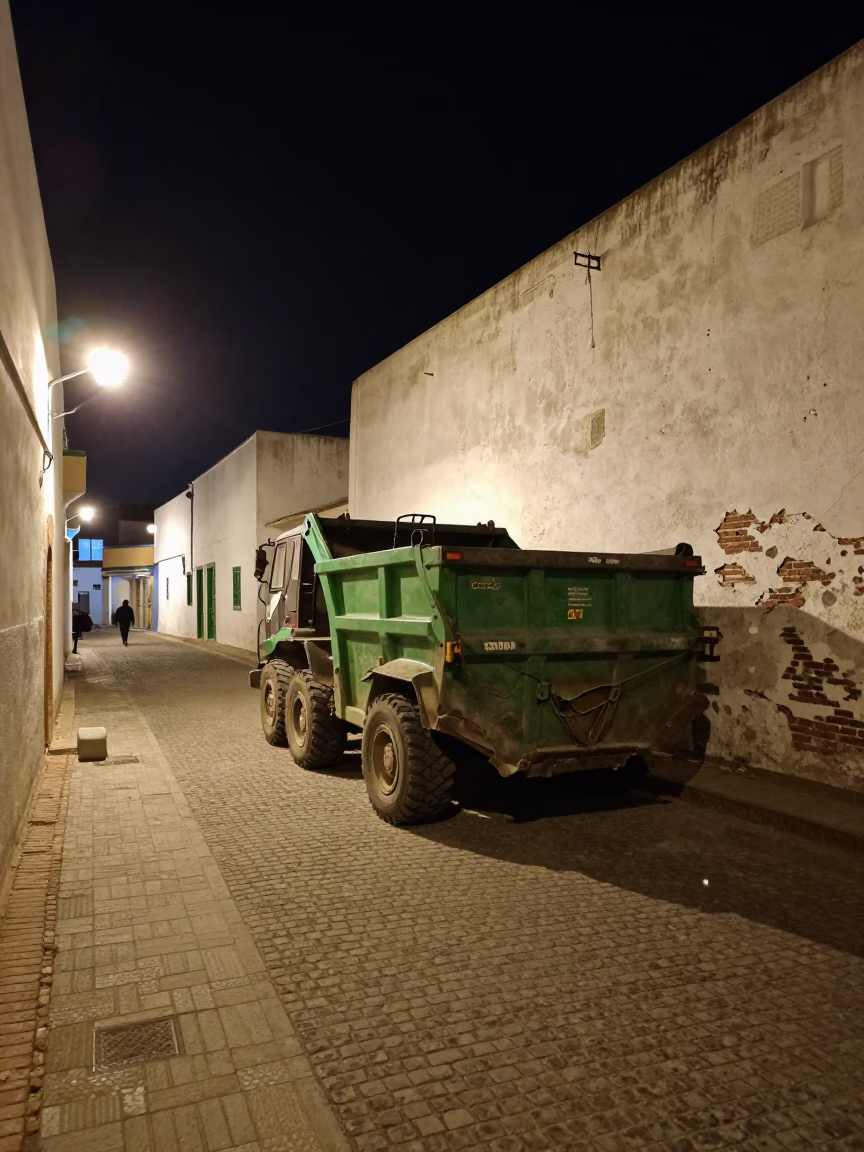 Late Night Essaouira Street Scene with Demolition Dumpster and Litter in in Essaouira, Morocco