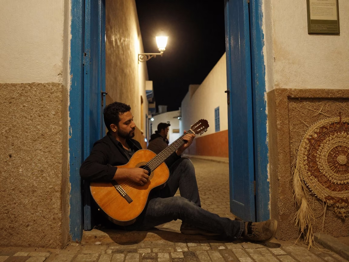 Late Night Essaouira Street Scene with Guitar and Woven Light Patterns in in Essaouira, Morocco