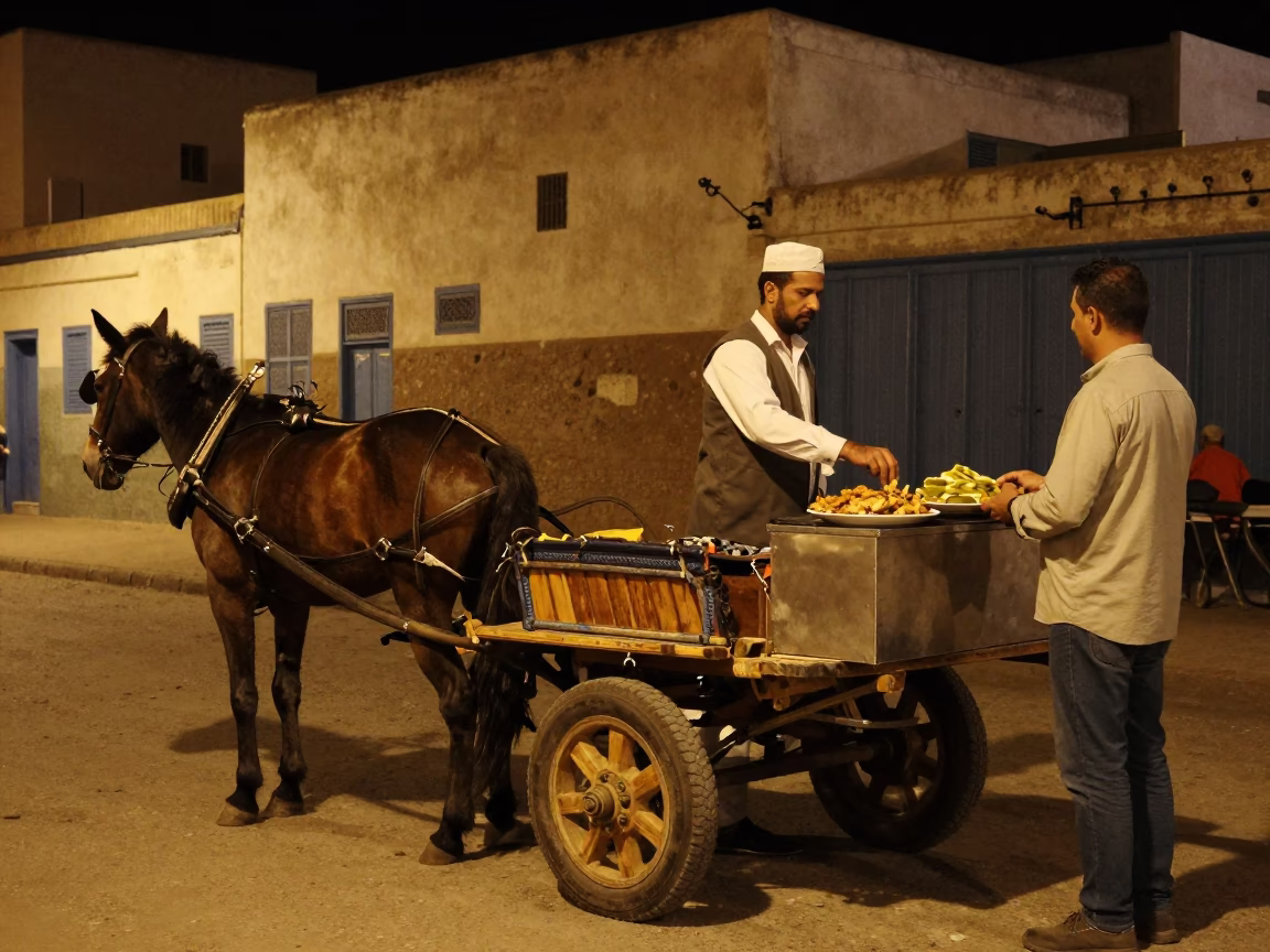 Late Night Essaouira Street Scene with Horse-Drawn Cart and Shawarma Vendor in in Essaouira, Morocco