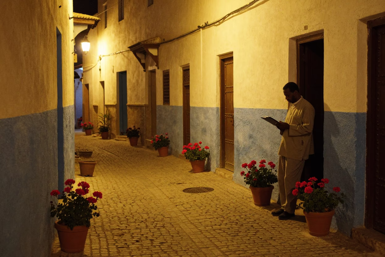 Late Night Essaouira Street Scene with Potted Geraniums and Clipboard in in Essaouira, Morocco