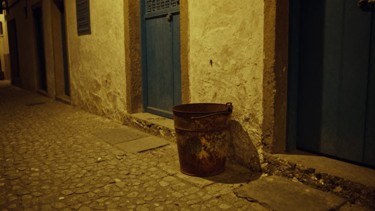 Late Night Essaouira Street Scene with Rusty Metal Bucket and Window Curtains in Morocco in in Essaouira, Morocco