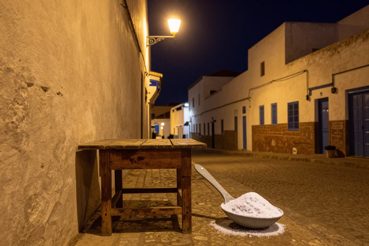 Late Night Essaouira Street Scene with Salt Spoon and Shawarma Plate Under Streetlight in in Essaouira, Morocco