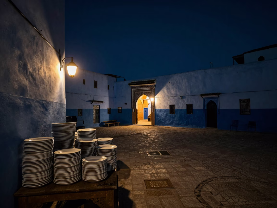 Late Night Essaouira Street Scene with Stacked Plates and Colored Glass Bottle in in Essaouira, Morocco