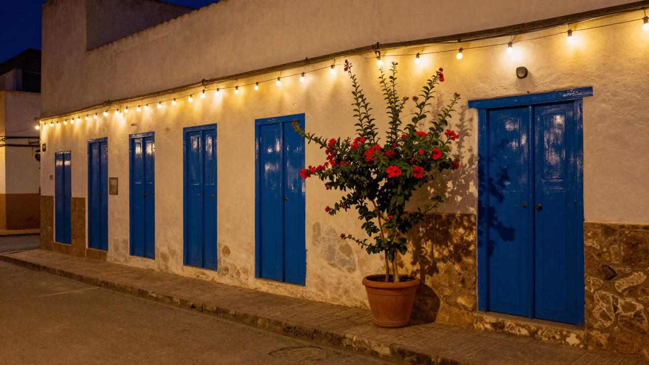 Late Night Essaouira Street Scene with String Lights and Flowering Plant in Morocco in in Essaouira, Morocco