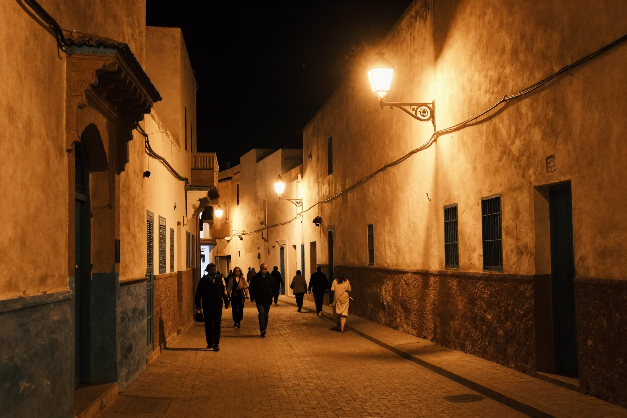 Late Night Essaouira Street Scene with Vintage 1950s Aesthetic and Local Life in in Essaouira, Morocco