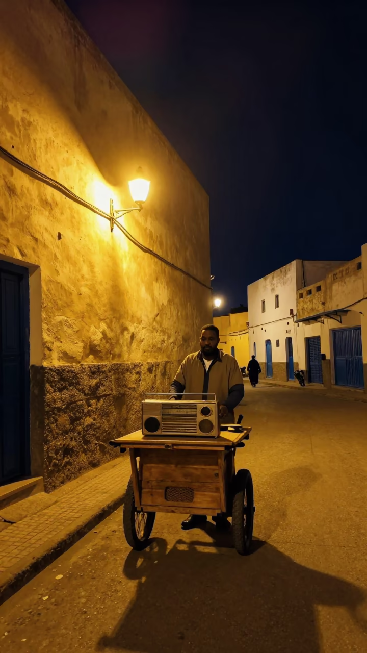 Late Night Essaouira Street Scene with Vintage Radio and Sambusa Tray in in Essaouira, Morocco