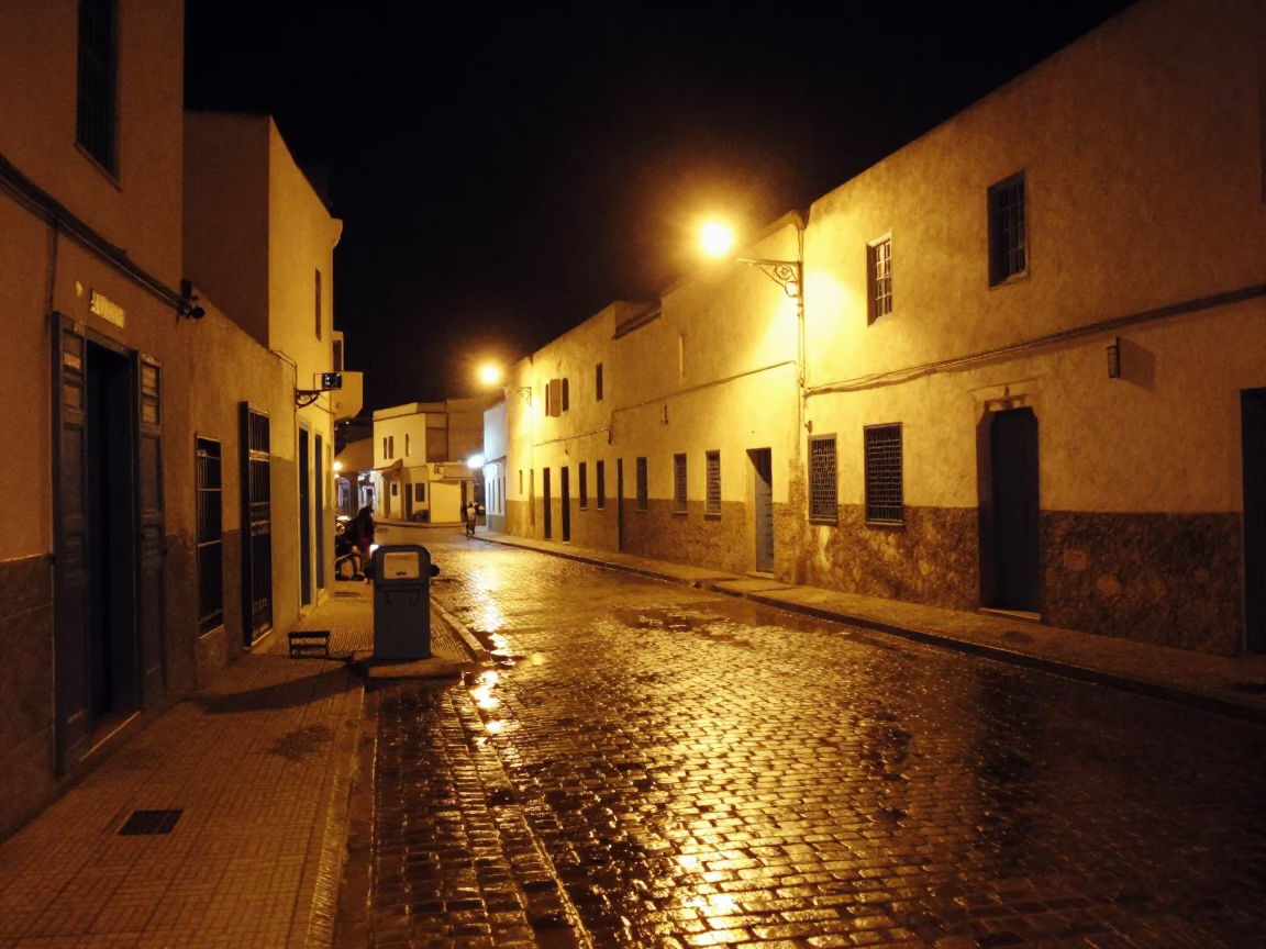 Late Night Essaouira Street Scene with Window Light and Oil Sheen Puddles in in Essaouira, Morocco