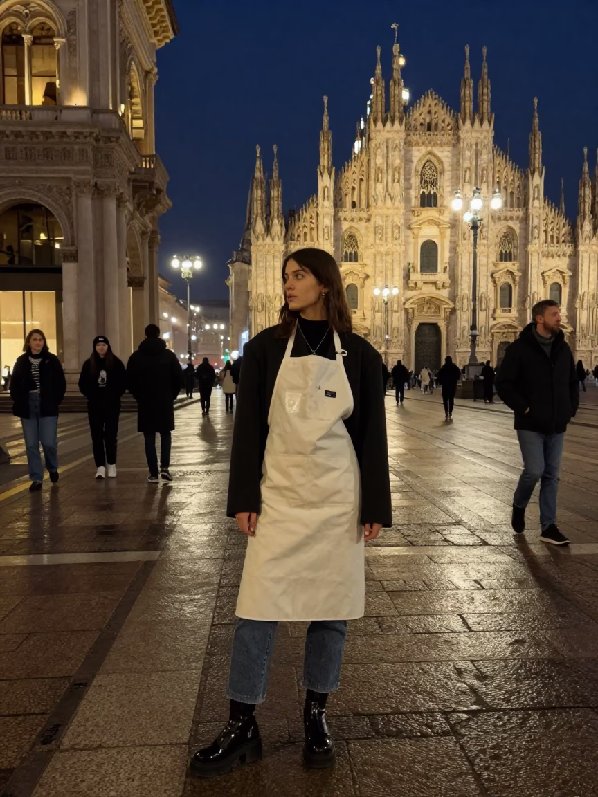Late Night Fashion Photography Session in Milan Piazza with Aprons and Condensation in in Milan, Italy