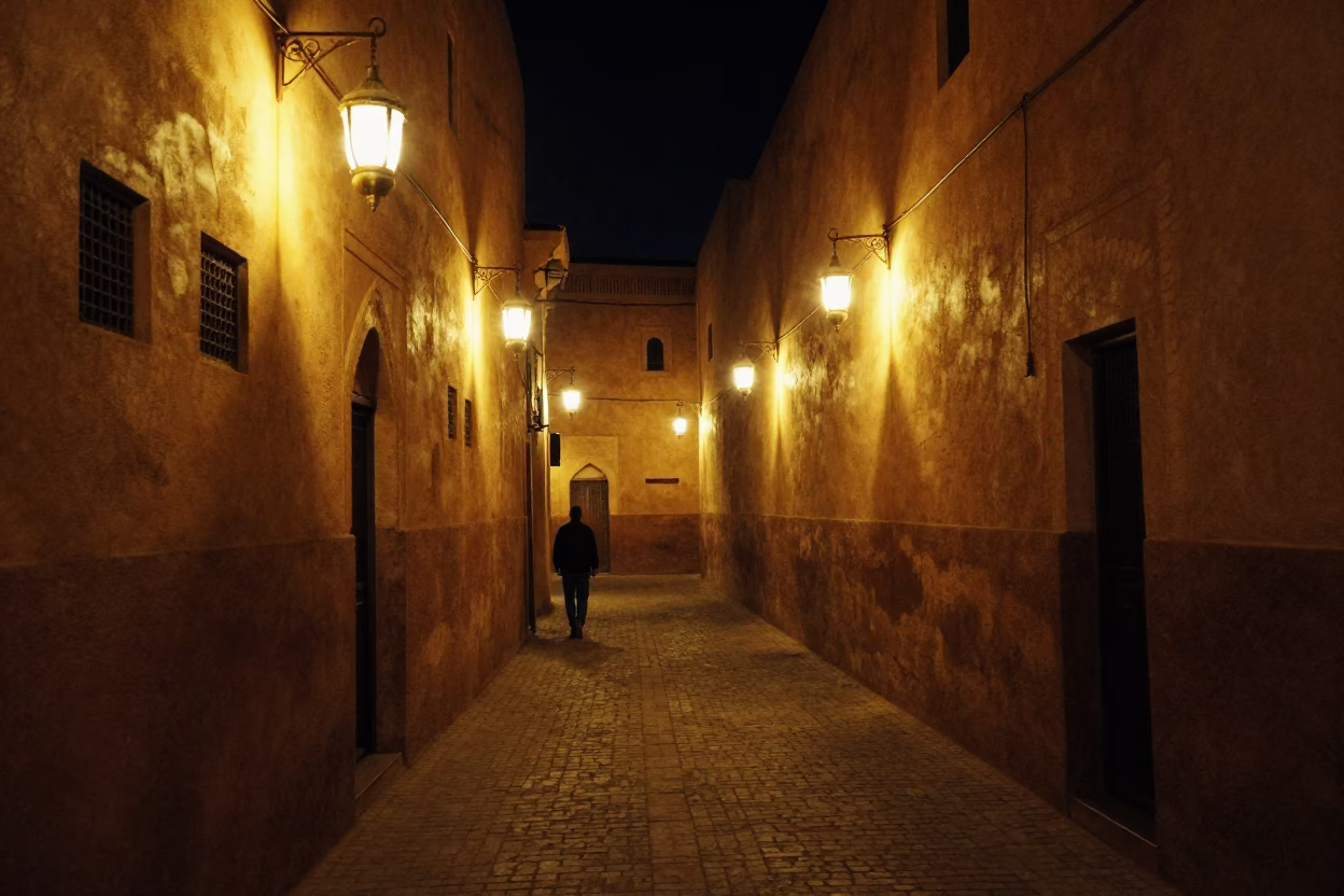 Late Night Fez Morocco Lantern Lit Alleyway Old Town Night Photography in in Fez, Morocco