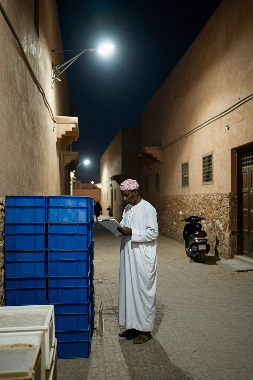Late Night Fez Morocco Street Scene with Clipboard and Storage Tin in in Fez, Morocco