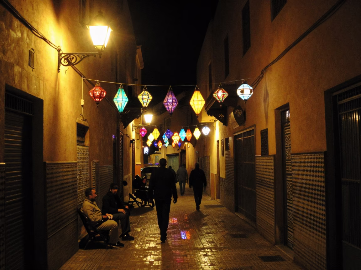 Late Night Fez Morocco Street Scene with Colorful Lanterns and Traditional Architecture in in Fez, Morocco