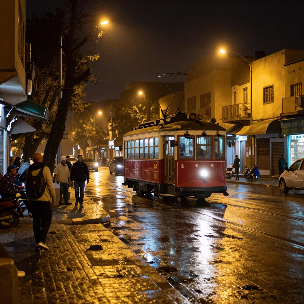 Late Night Fez Morocco Street Scene with Condensation Glass and Tramcar in in Fez, Morocco
