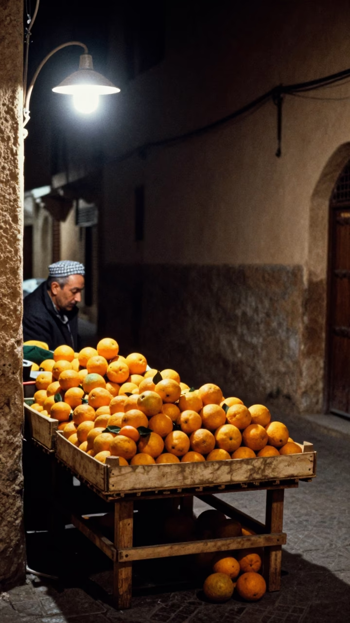 Late Night Fez Morocco Street Scene with Fruit Stall and Condensation in in Fez, Morocco