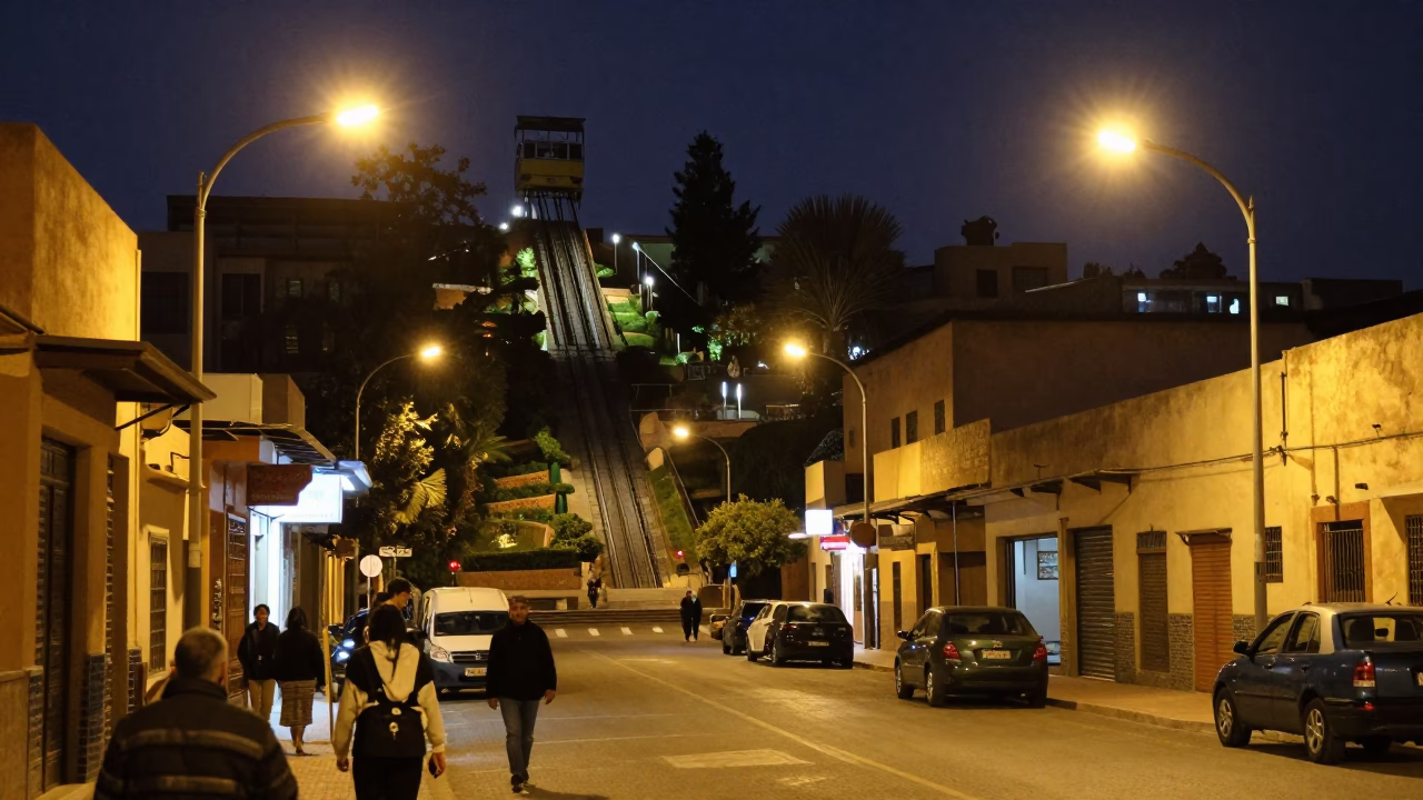 Late Night Fez Morocco Street Scene with Funicular and Local Interaction in in Fez, Morocco