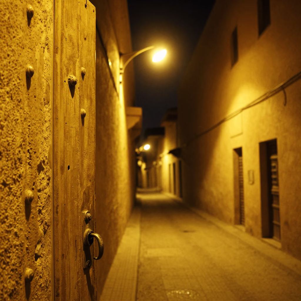 Late Night Fez Morocco Street Scene with Gate Handle and Prayer Plant in in Fez, Morocco