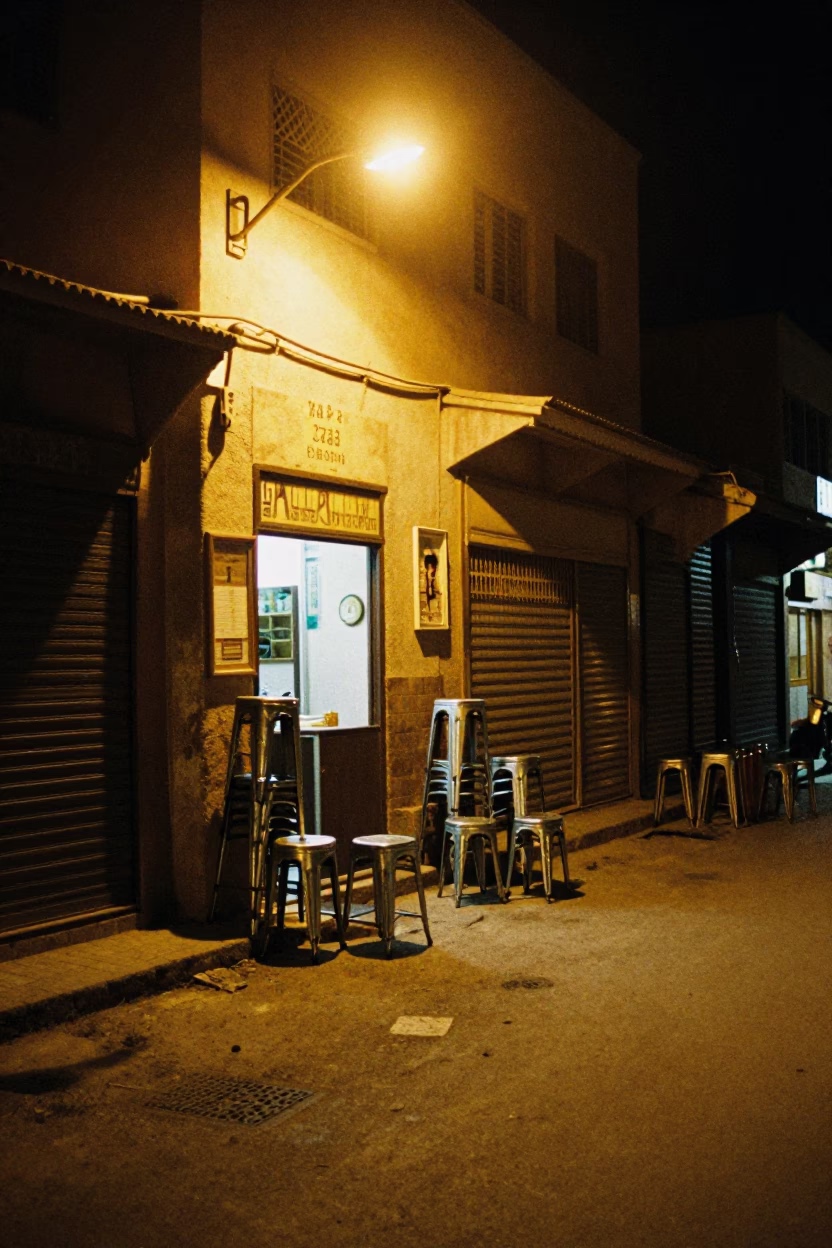 Late Night Fez Morocco Street Scene with Metal Stools and Traditional Architecture in in Fez, Morocco