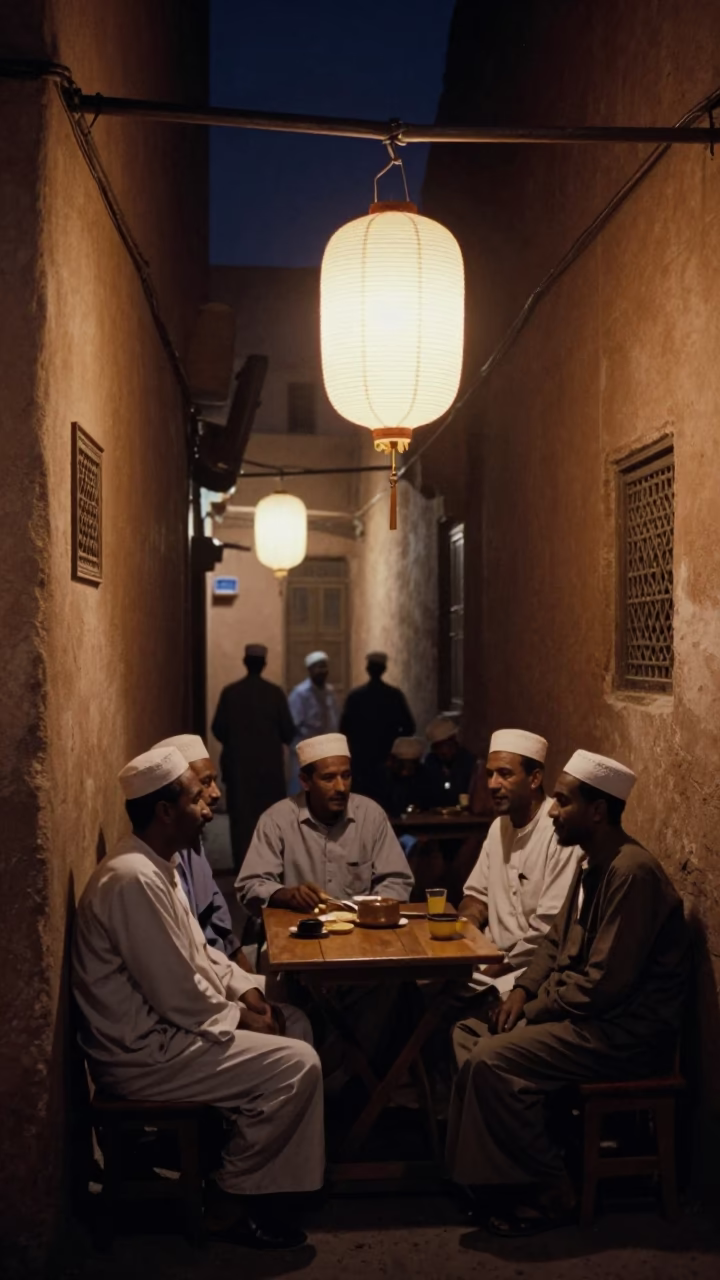 Late Night Fez Morocco Street Scene with Paper Lantern and Dominoes in in Fez, Morocco