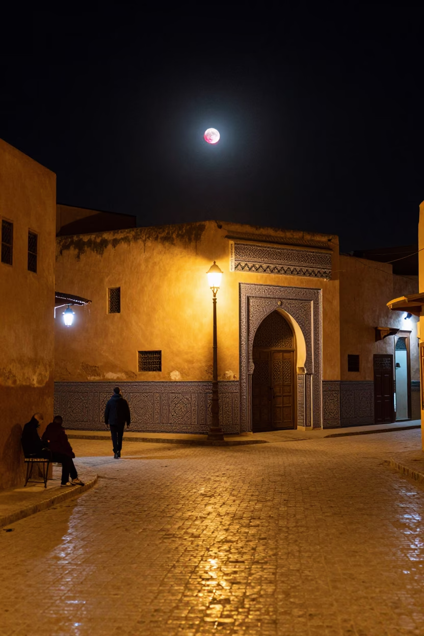 Late Night Fez Morocco Street Scene with Red Moon and Traditional Architecture in in Fez, Morocco