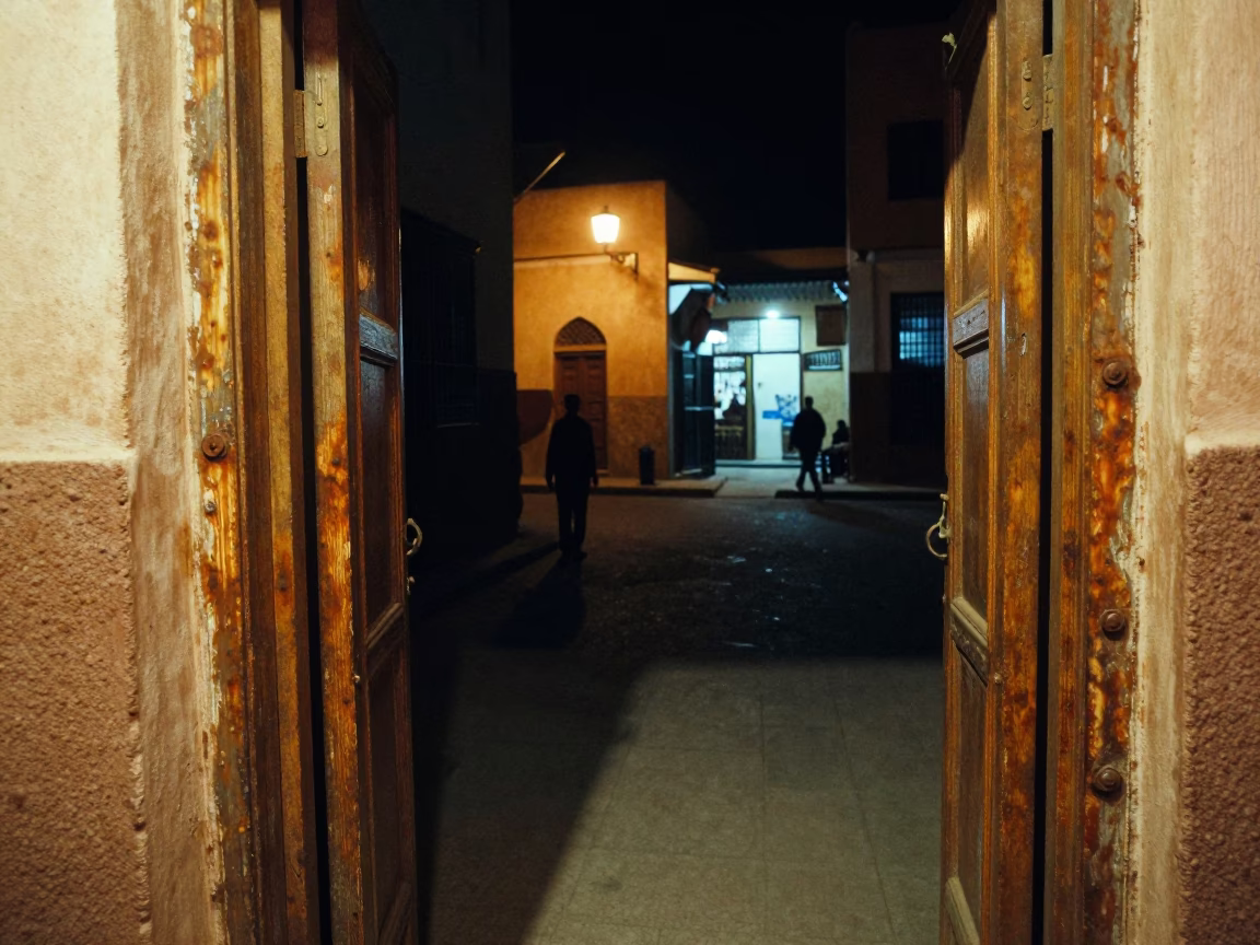 Late Night Fez Morocco Street Scene with Rusty Doorframe and Woven Basket in in Fez, Morocco