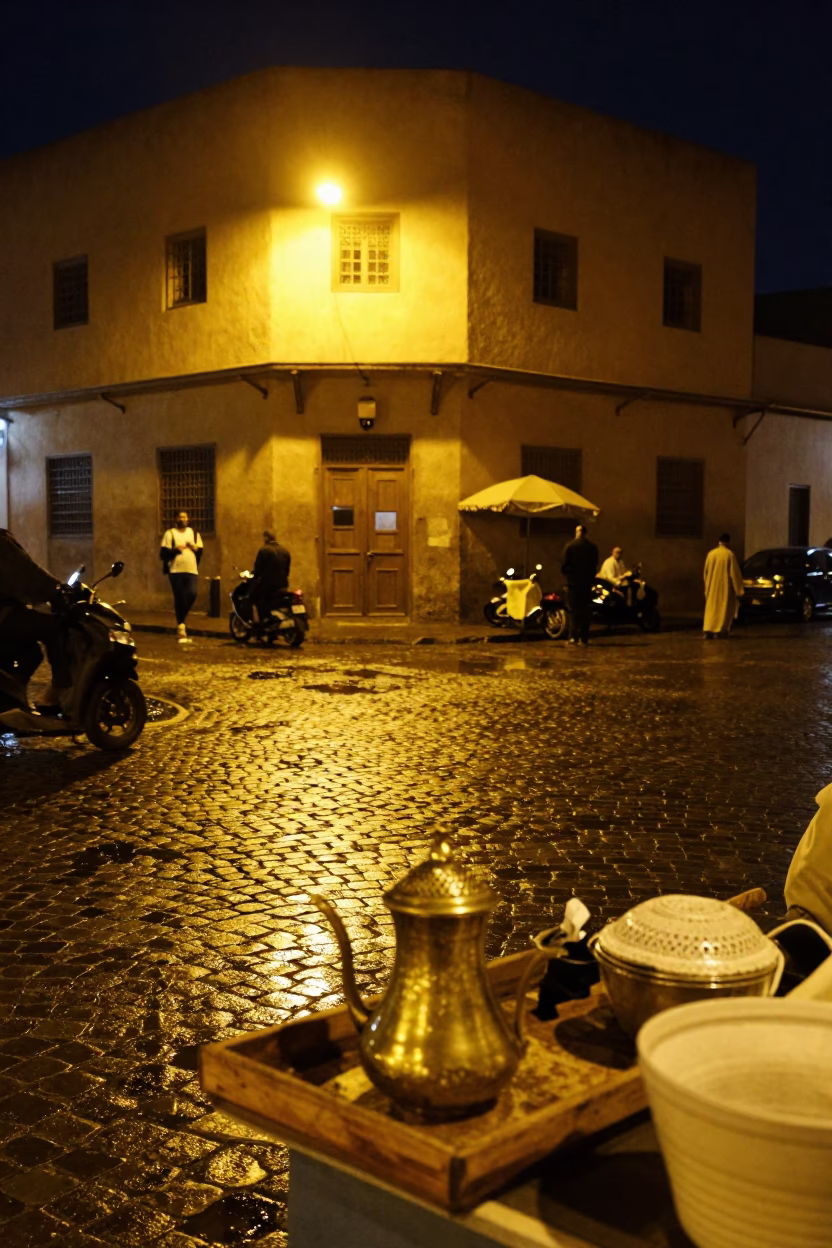 Late Night Fez Morocco Street Scene with Tea Strainer and Traditional Architecture in in Fez, Morocco