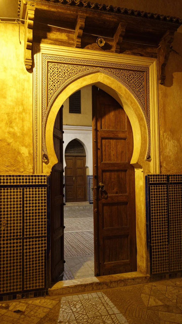 Late Night Fez Morocco Street Scene with Traditional Gate Handle and Brass Details in in Fez, Morocco