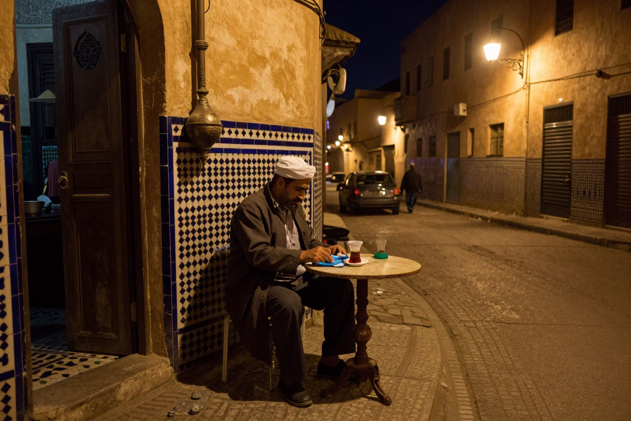 Late Night Fez Morocco Street Scene with Traditional Tea Stains and Scarf in in Fez, Morocco