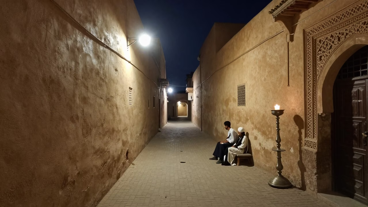 Late Night Fez Morocco Street Scene with Vintage Candlestick and Traditional Architecture in in Fez, Morocco