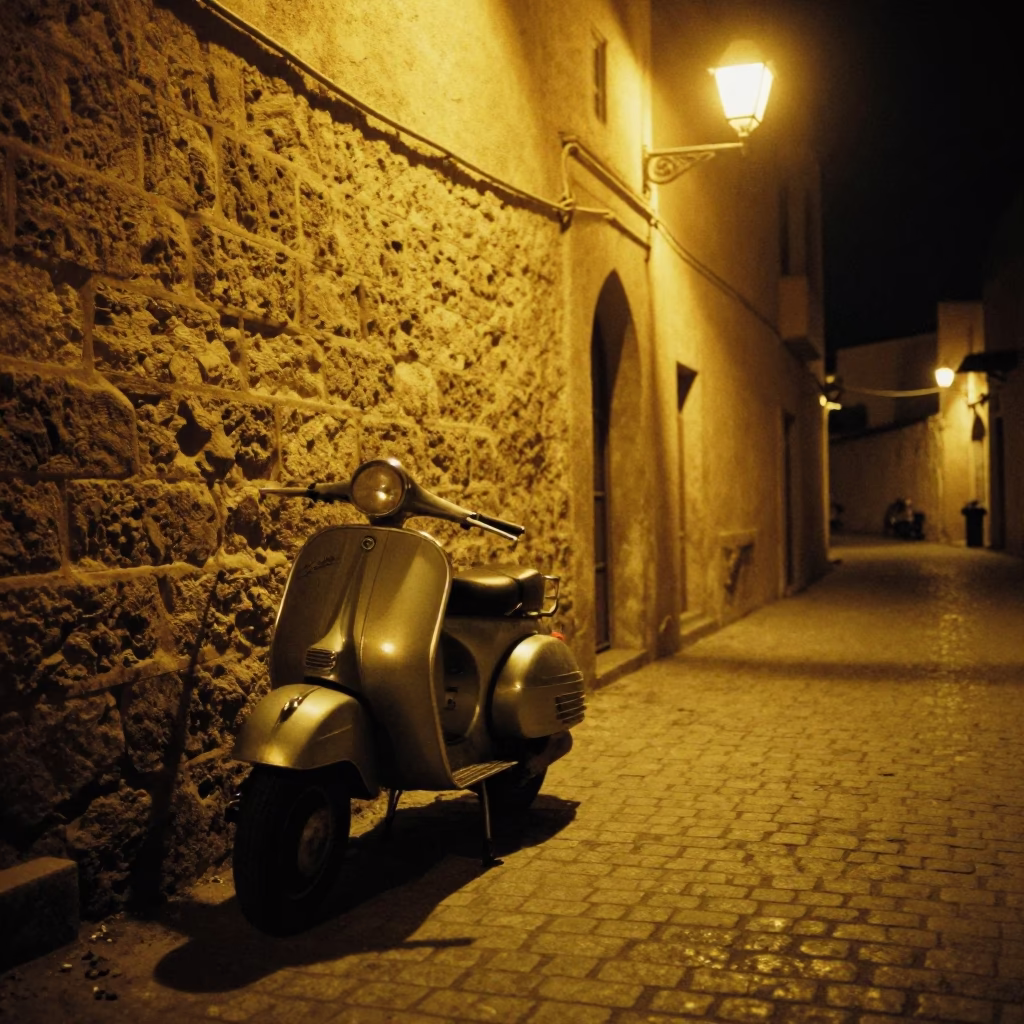 Late Night Fez Morocco Street Scene with Vintage Vespa and Cobblestone Lane at Night in in Fez, Morocco