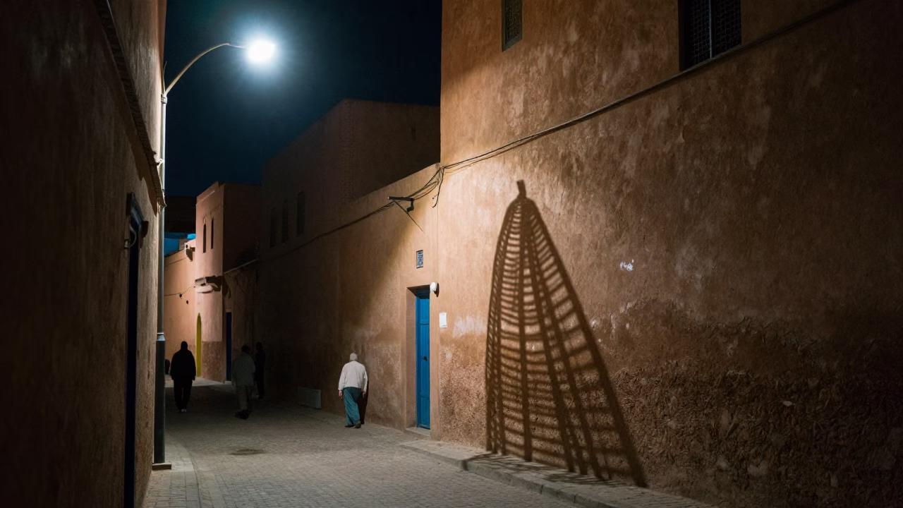Late Night Fez Morocco Street Scene with Wicker Shadow and Apples in in Fez, Morocco