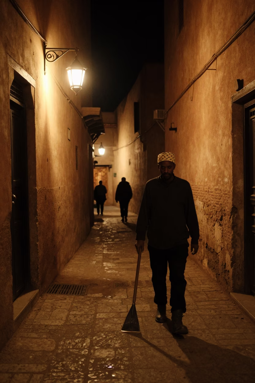 Late Night Fez Street Scene with Boot Scraper and Traditional Lanterns in in Fez, Morocco
