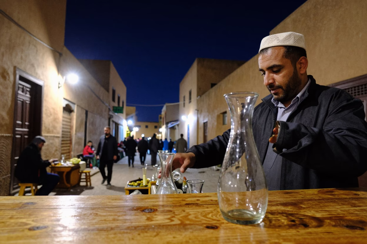 Late Night Fez Street Scene with Glass Carafe and Olive Branch in Moroccan Medina in in Fez, Morocco