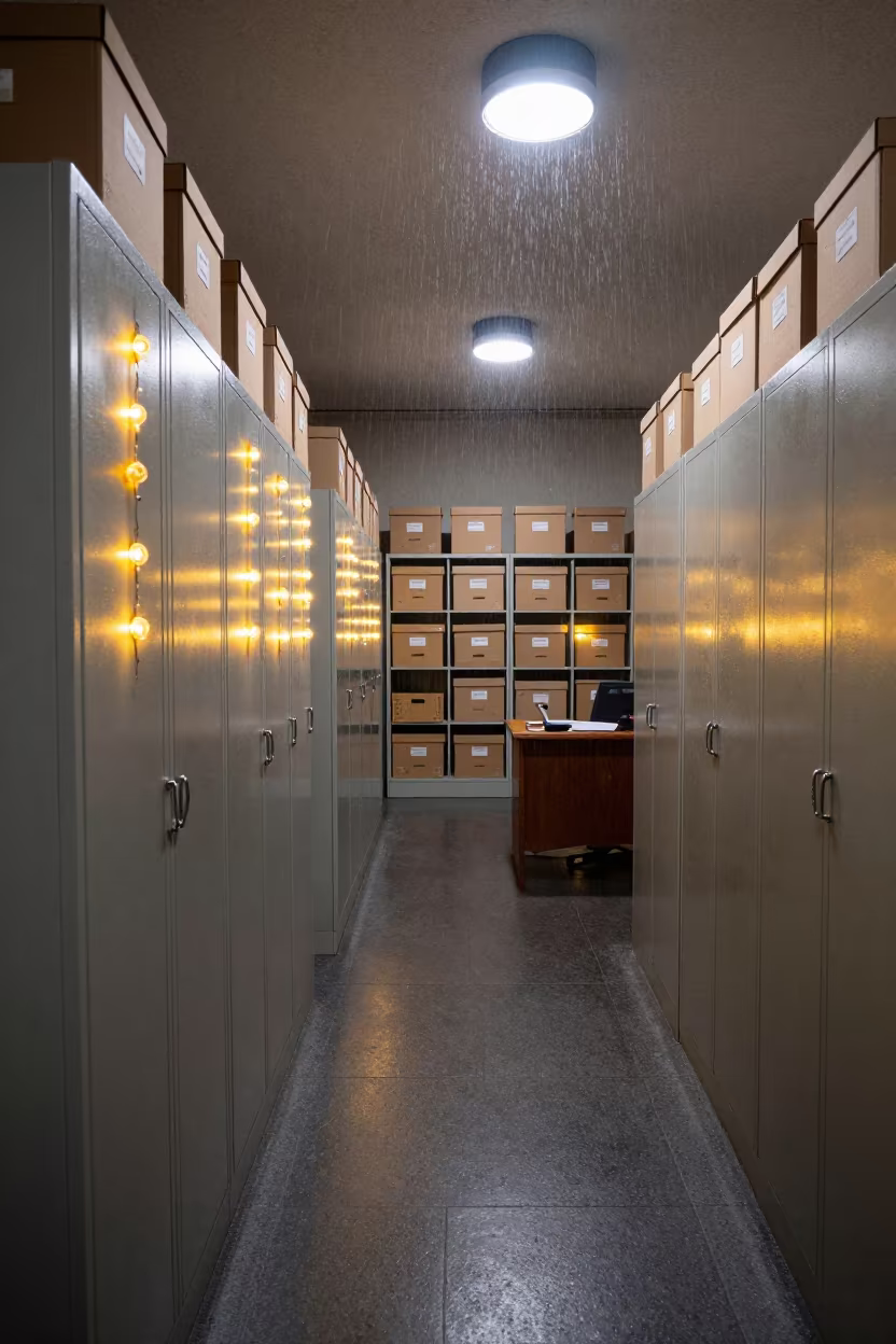 Late Night File Room Under Dusseldorf Lights in beneath government building floodlights in Dusseldorf