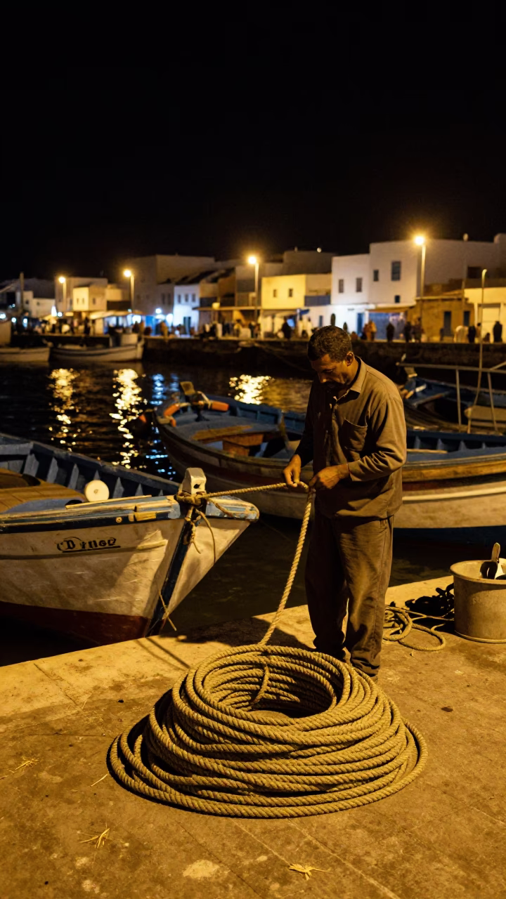 Late Night Fishing Gear and Coiled Rope in Essaouira Morocco Harbor in in Essaouira, Morocco