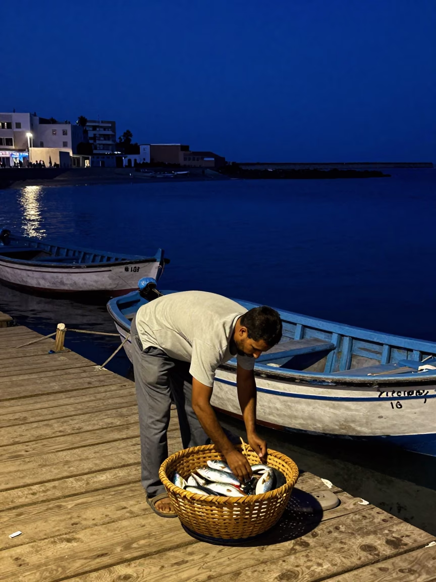 Late Night Fishing Port Scene in Essaouira Morocco with Rowboats and Scrap Basket in in Essaouira, Morocco