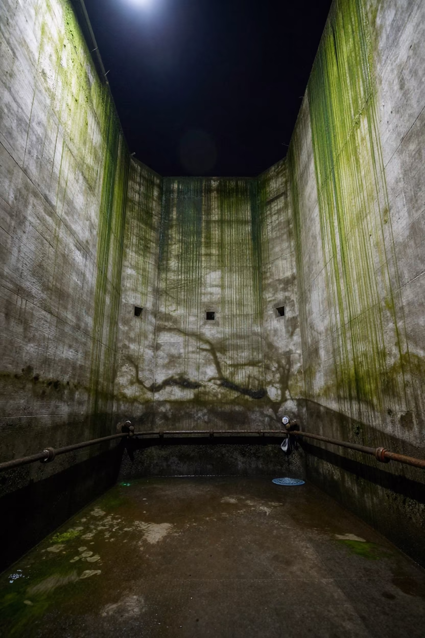Late Night Floodgate Chamber in Bristol UK with Algae Streaked Concrete Walls in in Bristol, United Kingdom
