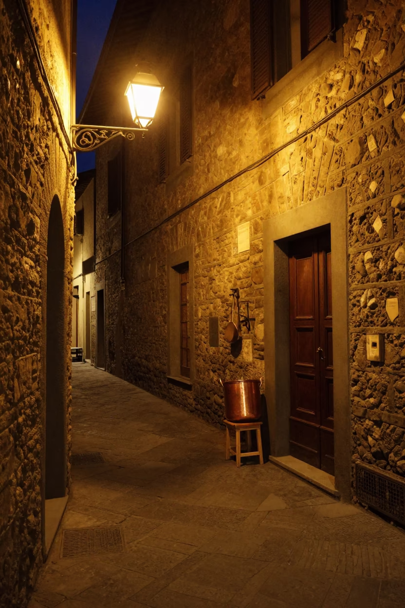 Late Night Florence Alley with Copper Pots and Lantern Light in in Florence, Italy