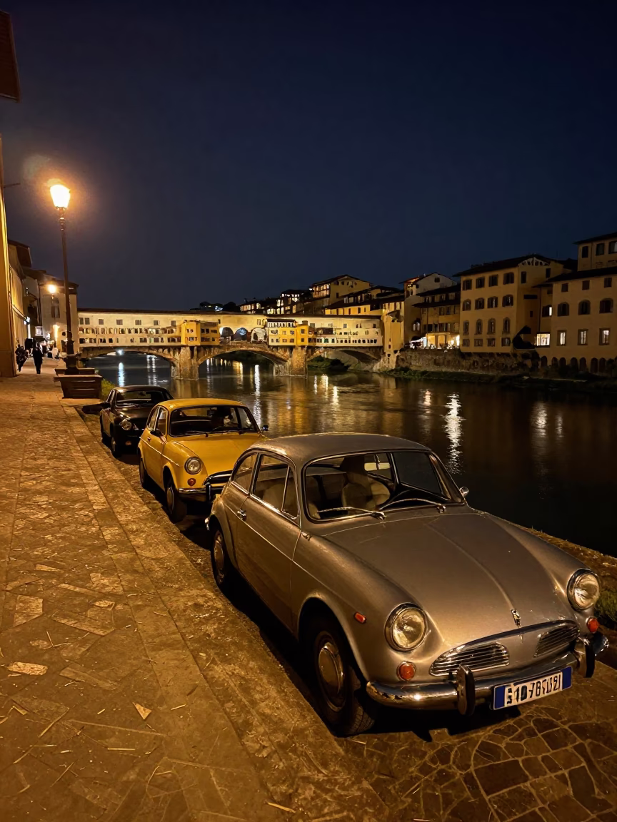Late Night Florence Italy Street Scene with Classic Cars and Illuminated Historic Architecture in in Florence, Italy