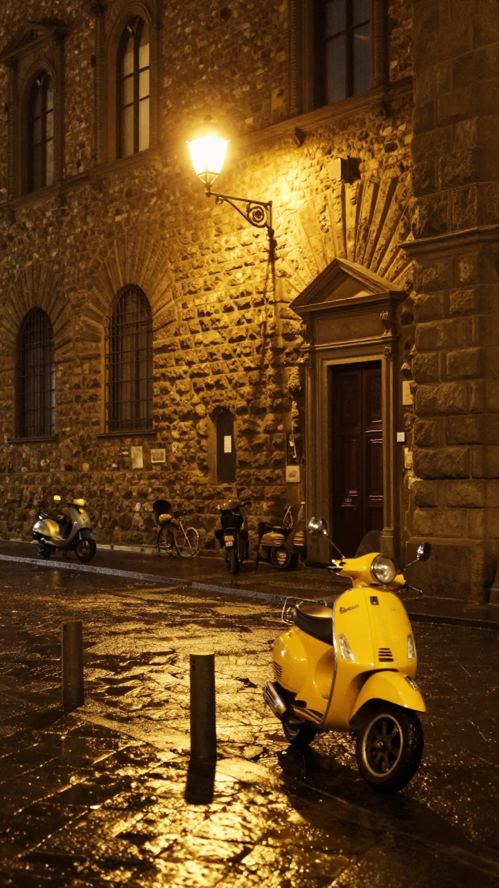 Late Night Florence Italy Street Scene with Yellow Scooter and Historic Architecture in in Florence, Italy