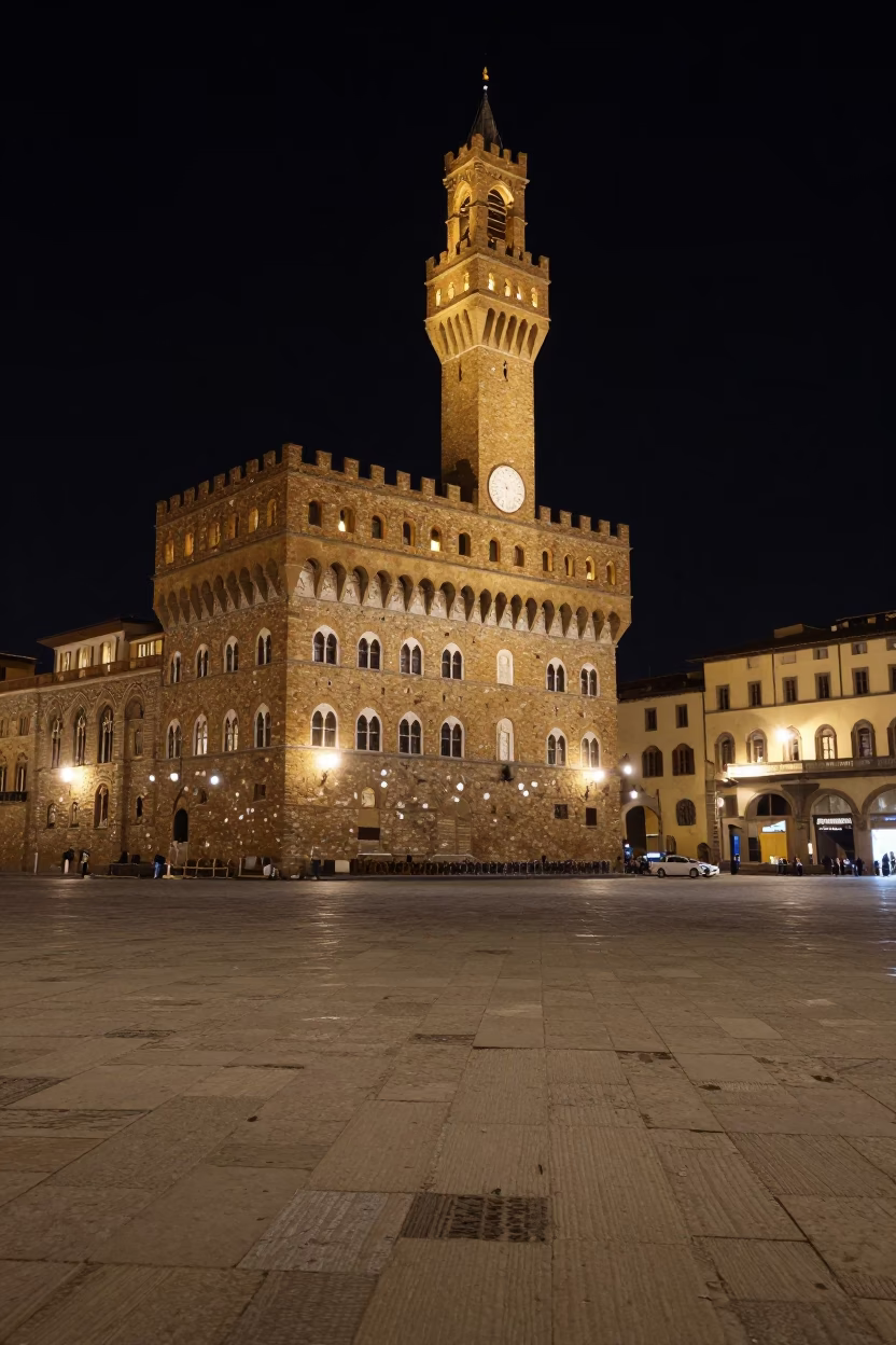 Late Night Florence Piazza della Signoria with Water Stained Plaster and Coffee Mug in in Florence, Italy