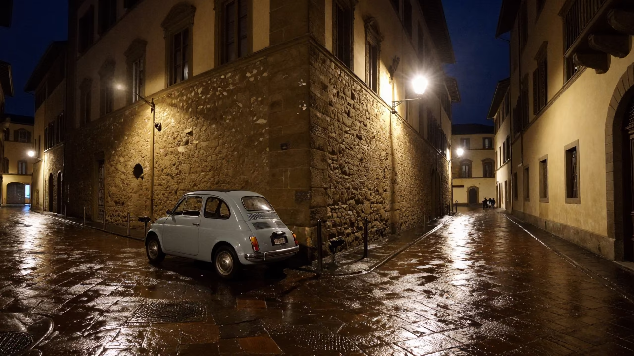Late Night Florence Street Corner with Vintage Car and Historic Stone Architecture in in Florence, Italy