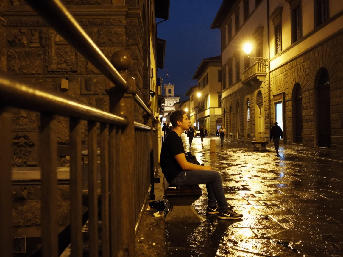 Late Night Florence Street Scene with Brass Rail and Sketchbook in in Florence, Italy