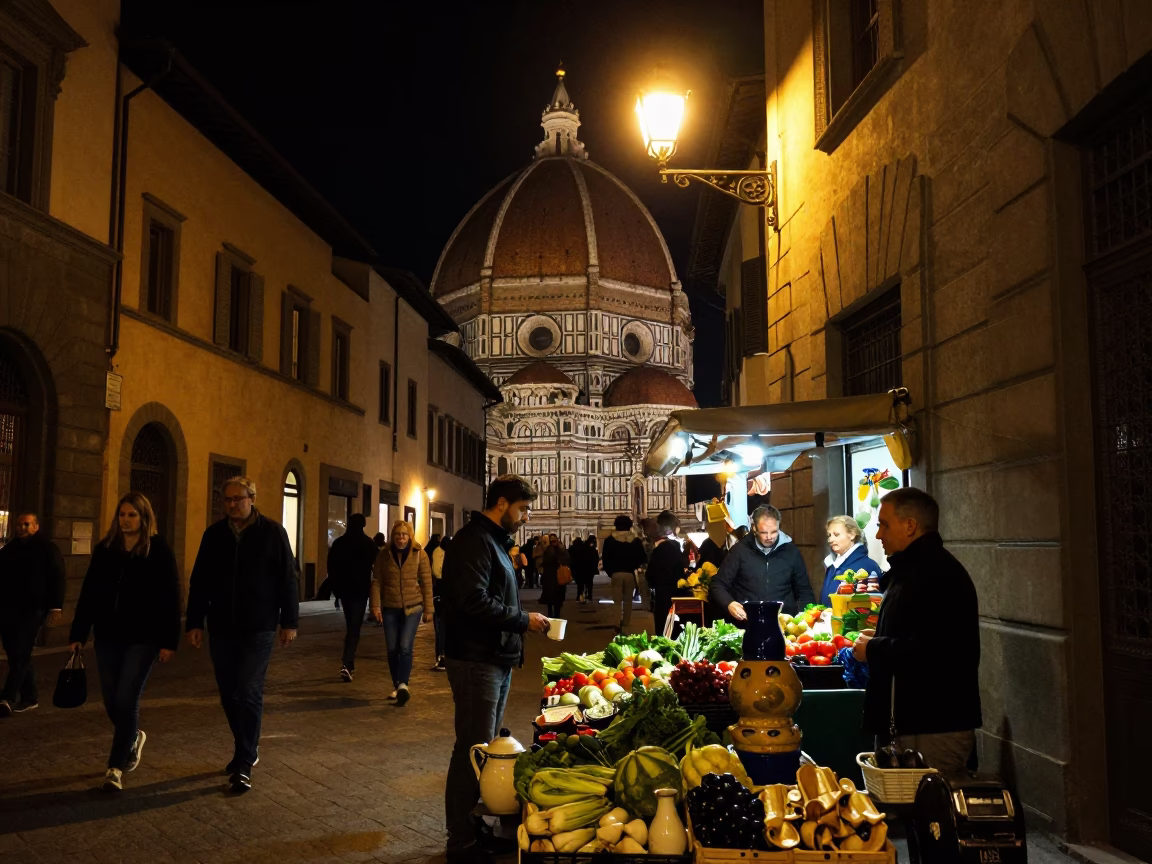 Late Night Florence Street Scene with Ceramic Pitcher and Aqueduct Parapets in in Florence, Italy