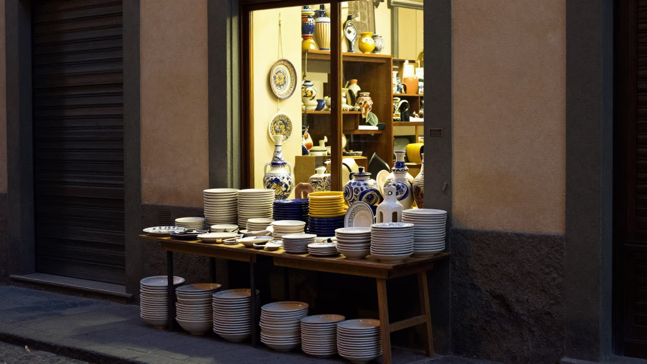 Late Night Florence Street Scene with Ceramic Wares and Nightlife in in Florence, Italy