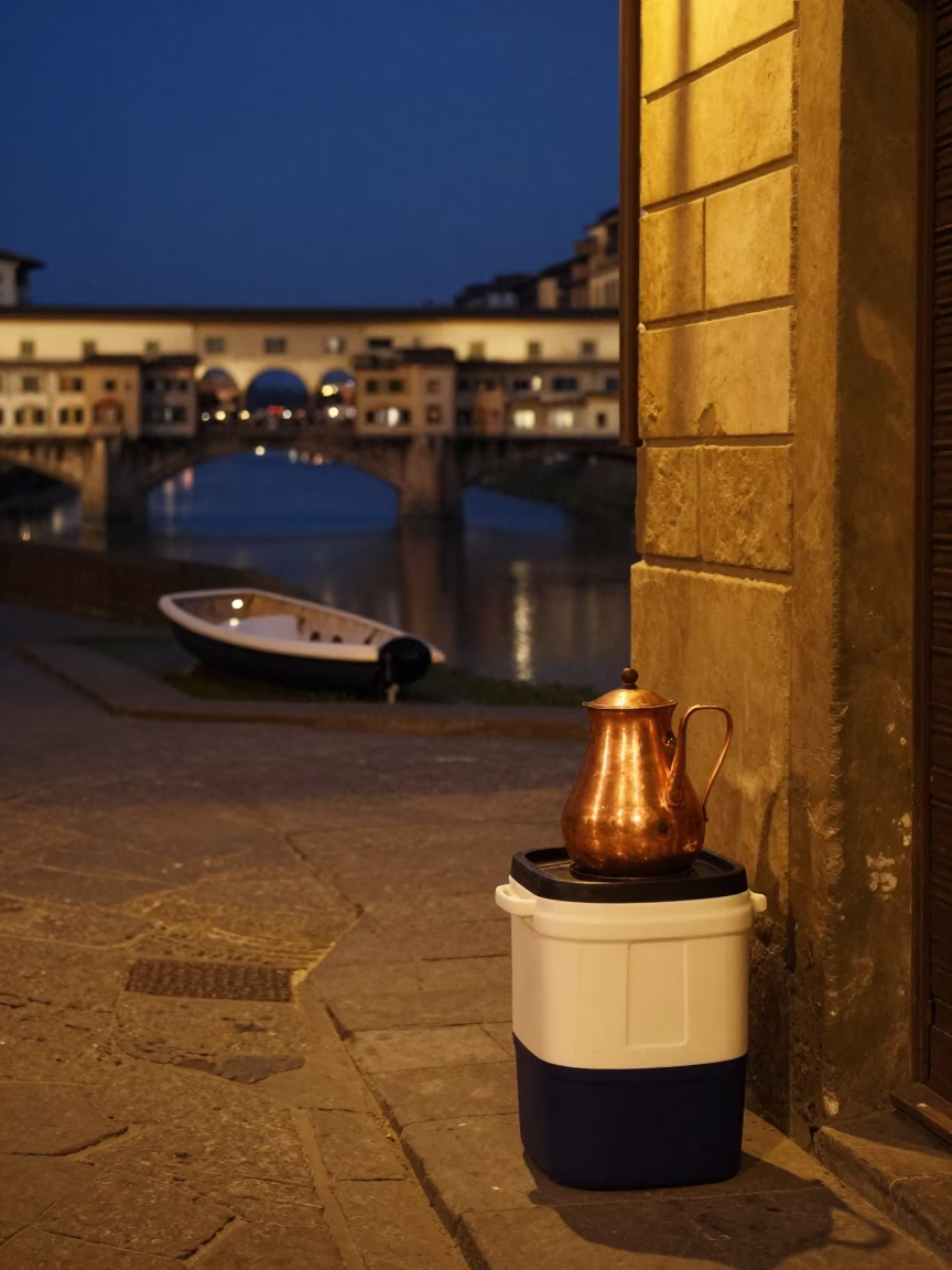 Late Night Florence Street Scene with Copper Coffee Pot and Cooler Jug in in Florence, Italy