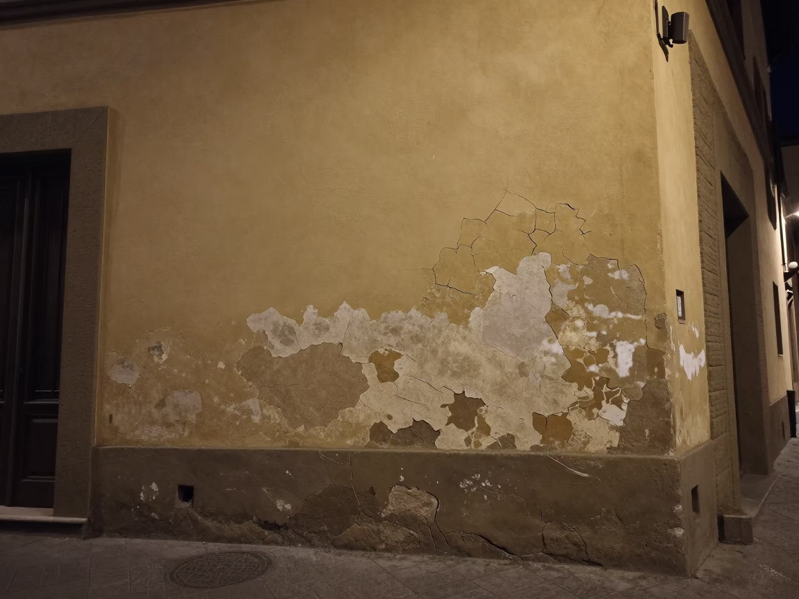 Late Night Florence Street Scene with Cracked Stucco and Wine Shop Ladder in in Florence, Italy