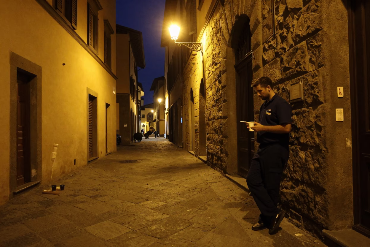 Late Night Florence Street Scene with Cup and Grease Sheen on Fabric in in Florence, Italy