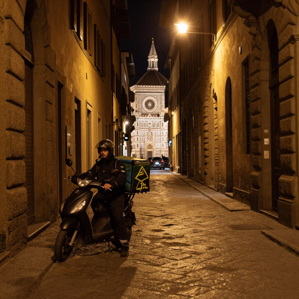 Late Night Florence Street Scene with Delivery Driver and Insulated Cooler Crates in in Florence, Italy
