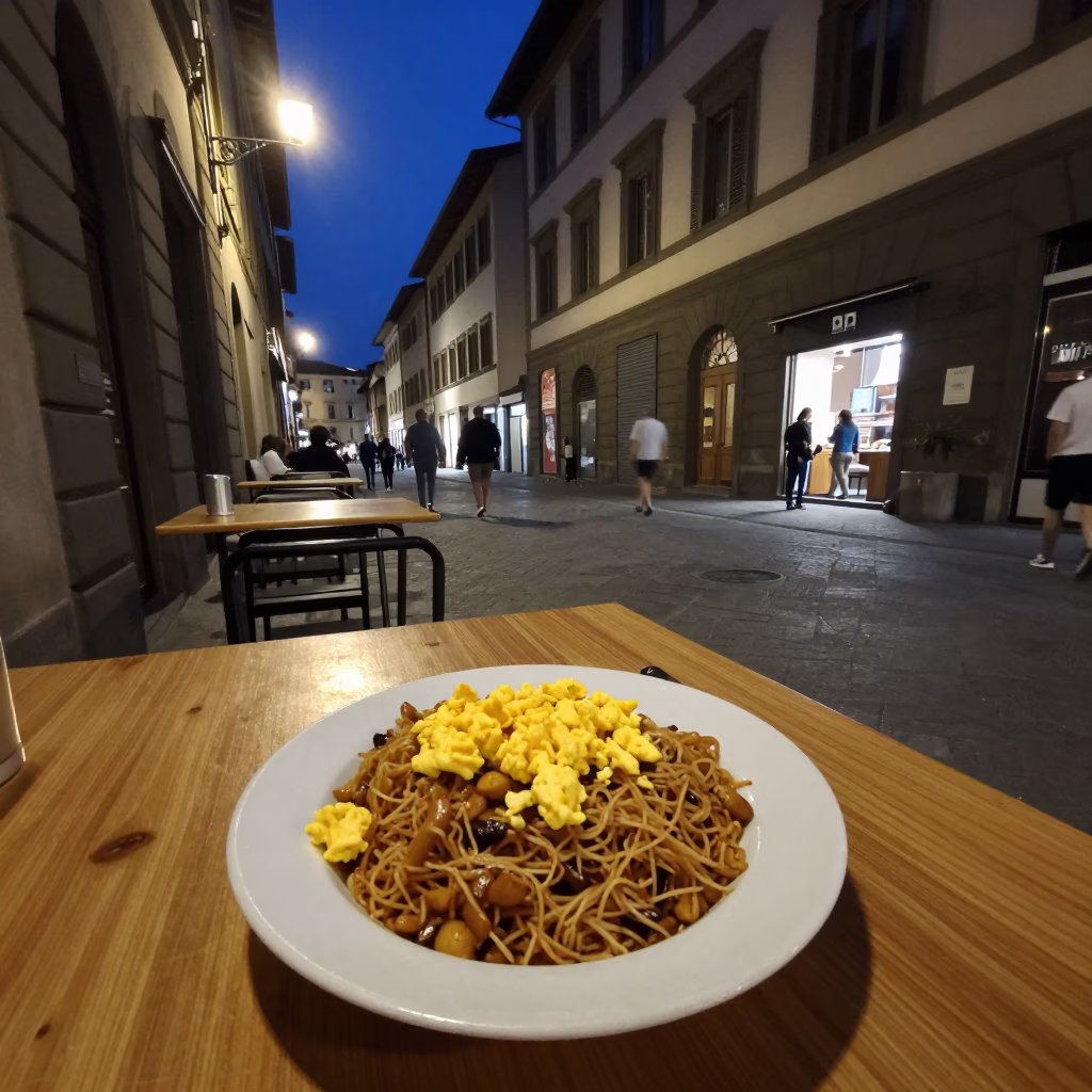 Late Night Florence Street Scene with Gallo Pinto Plate and Blueberries in in Florence, Italy
